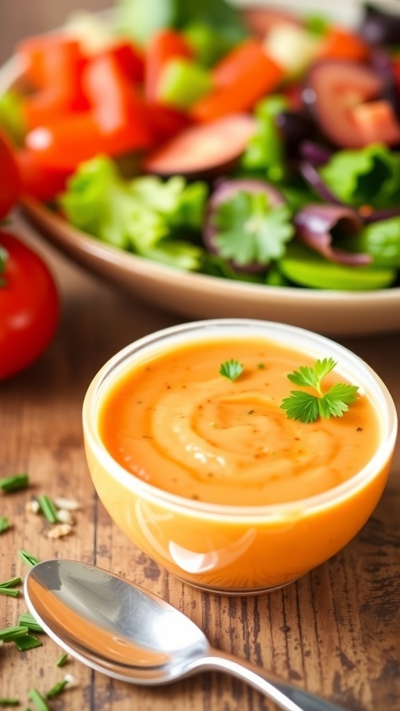 A bowl of low carb Thousand Island dressing with herbs, surrounded by fresh vegetables and a salad.